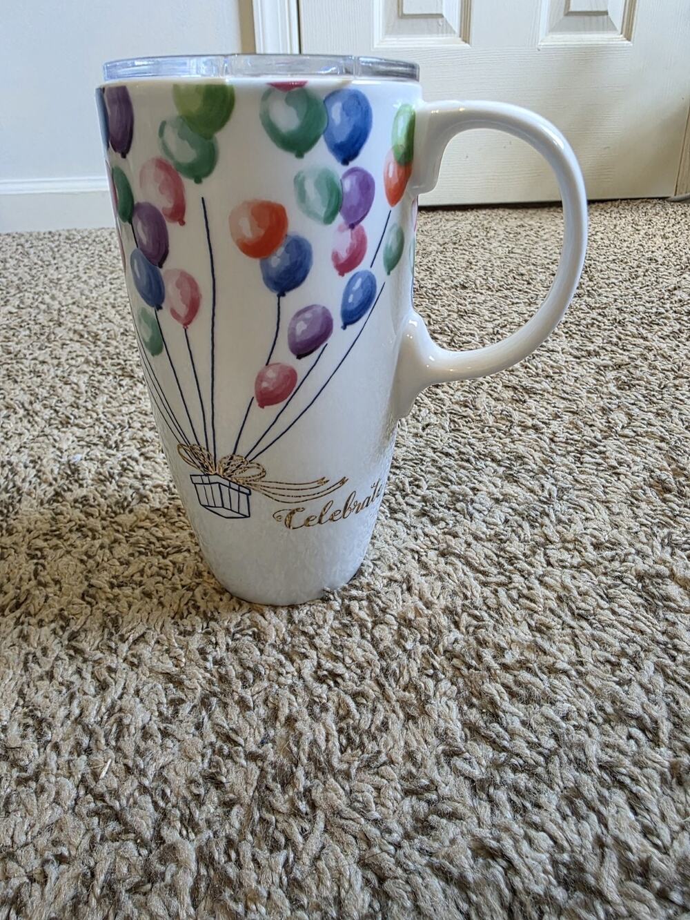 Cypress Home Ceramic 16oz Coffee Travel Tumbler Cup Celebrate Balloons Collector